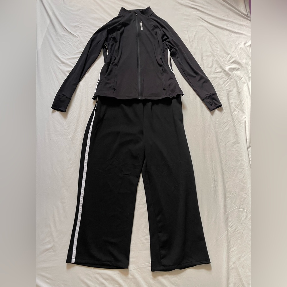 Reebok Black Track Pants and Zip Up Jacket with White Side Tape